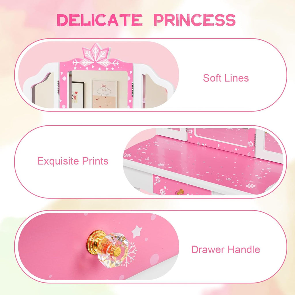 JOYMOR Kids Vanity Set, Wooden Princess Makeup Table with Stool, Tri-Folding Mirror, Large Drawer, Solid Wooden Legs, Beauty Make Up Dressing Set for Girls Best Gift (Pink)