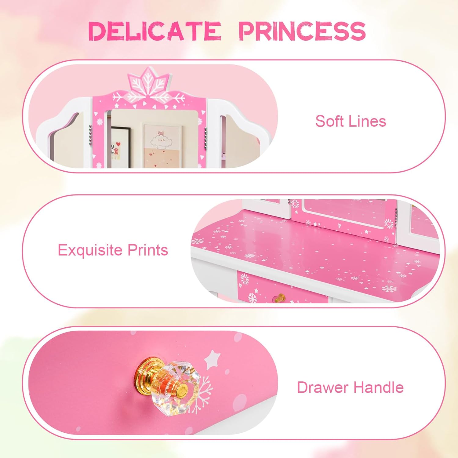 JOYMOR Kids Vanity Set, Wooden Princess Makeup Table with Stool, Tri-Folding Mirror, Large Drawer, Solid Wooden Legs, Beauty Make Up Dressing Set for Girls Best Gift (Pink)