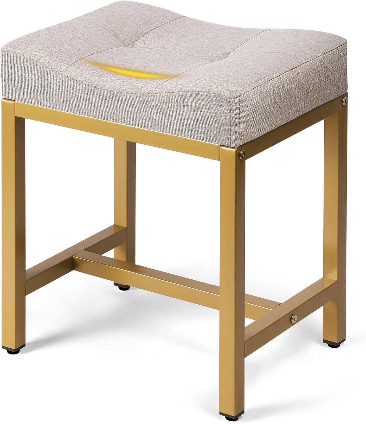Saddle Seat Vanity Stool, Makeup Stool Chair with Metal Leg, U-Shaped Ottoman Foot Rest, Small Square Chairs Under Desk for Vanity, Living Room, Modern Makeup Bench Linen Light Brown&Gold
