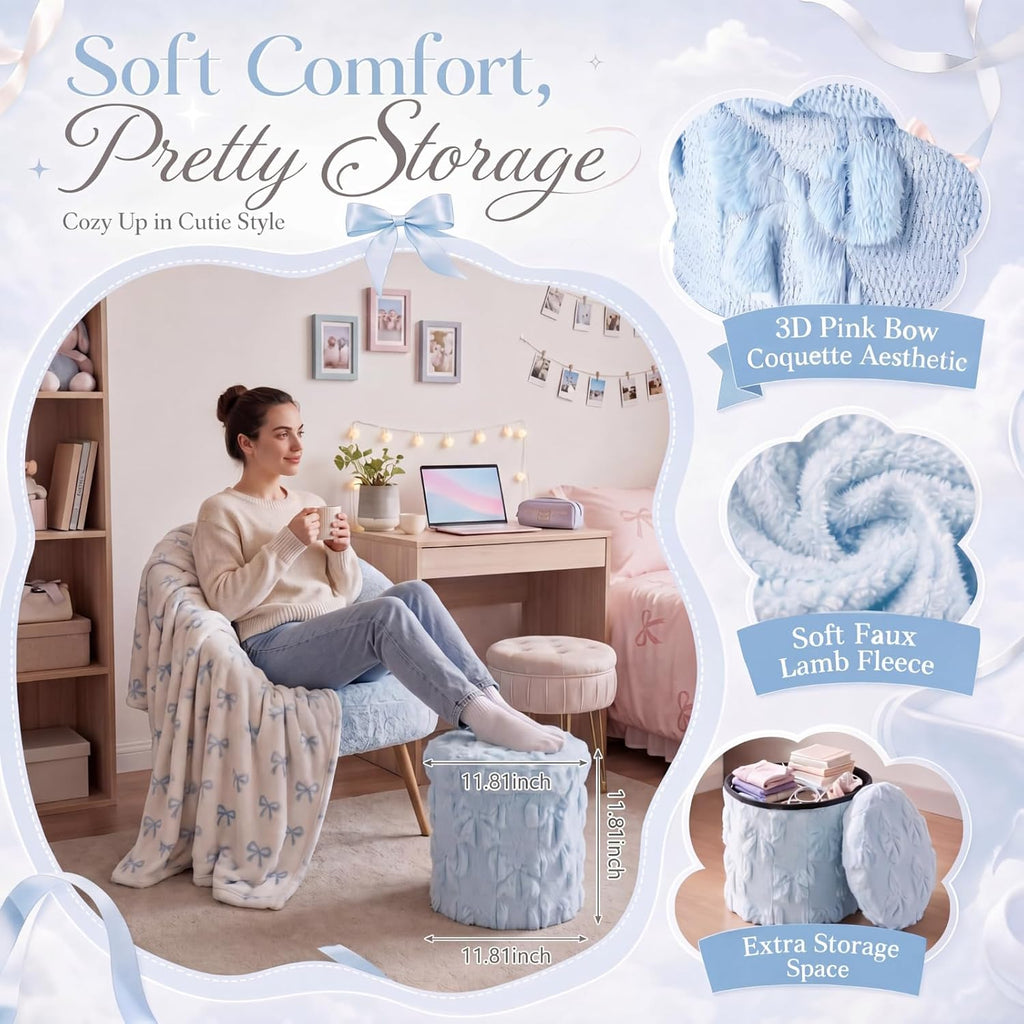 RattanView Foldable Ottoman with Storage 12 Inch Blue Bow Coquette Round Storage Ottoman Small Foot Rest Stool with Lid for Back to School, College Dorm, Bedroom & Office
