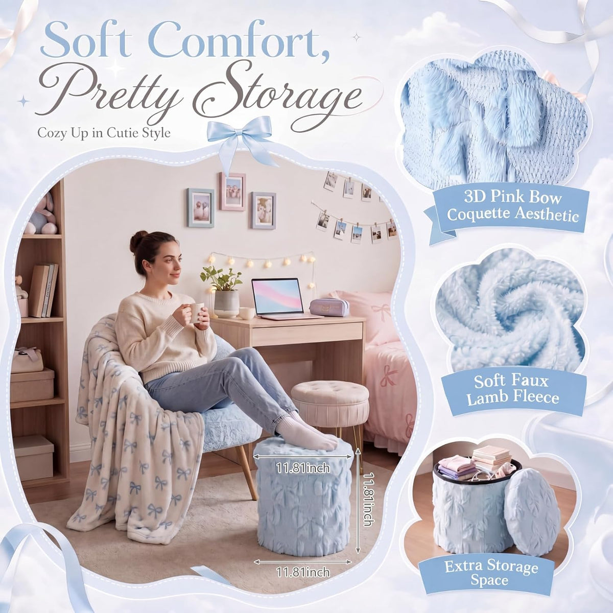 RattanView Foldable Ottoman with Storage 12 Inch Blue Bow Coquette Round Storage Ottoman Small Foot Rest Stool with Lid for Back to School, College Dorm, Bedroom & Office