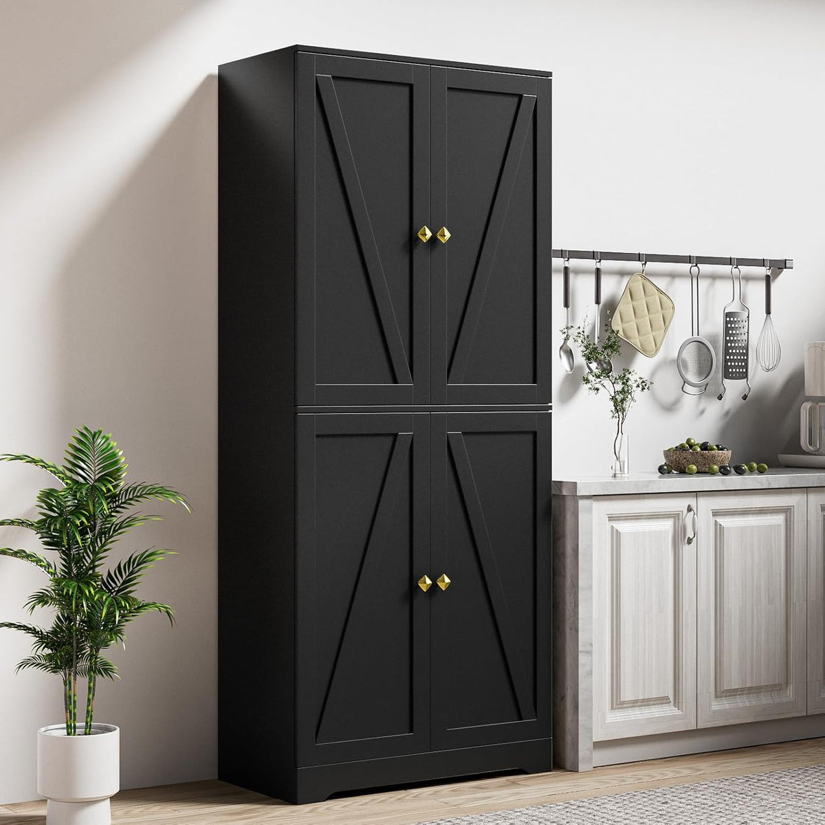 LYNSOM Kitchen Pantry Storage Cabinet 72“ Tall, Farmhouse Pantry Cabinet with Barn Doors and Adjustable Shelves, Black Storage Cabinets for Kitchen, Dining Room