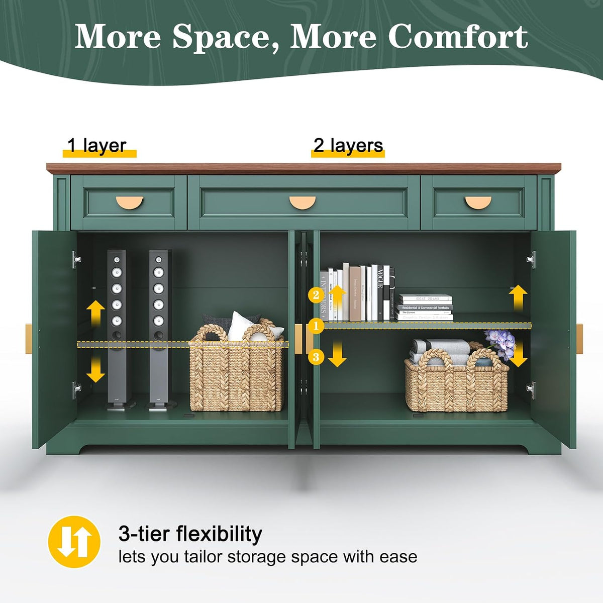 HLR 60” Large Buffet Sideboard Cabinet with 4 Doors and 3 Drawers Shaker Style, Coffee Bar Storage Cabinet for Dinning Room, Kitchen, Living Room, Green