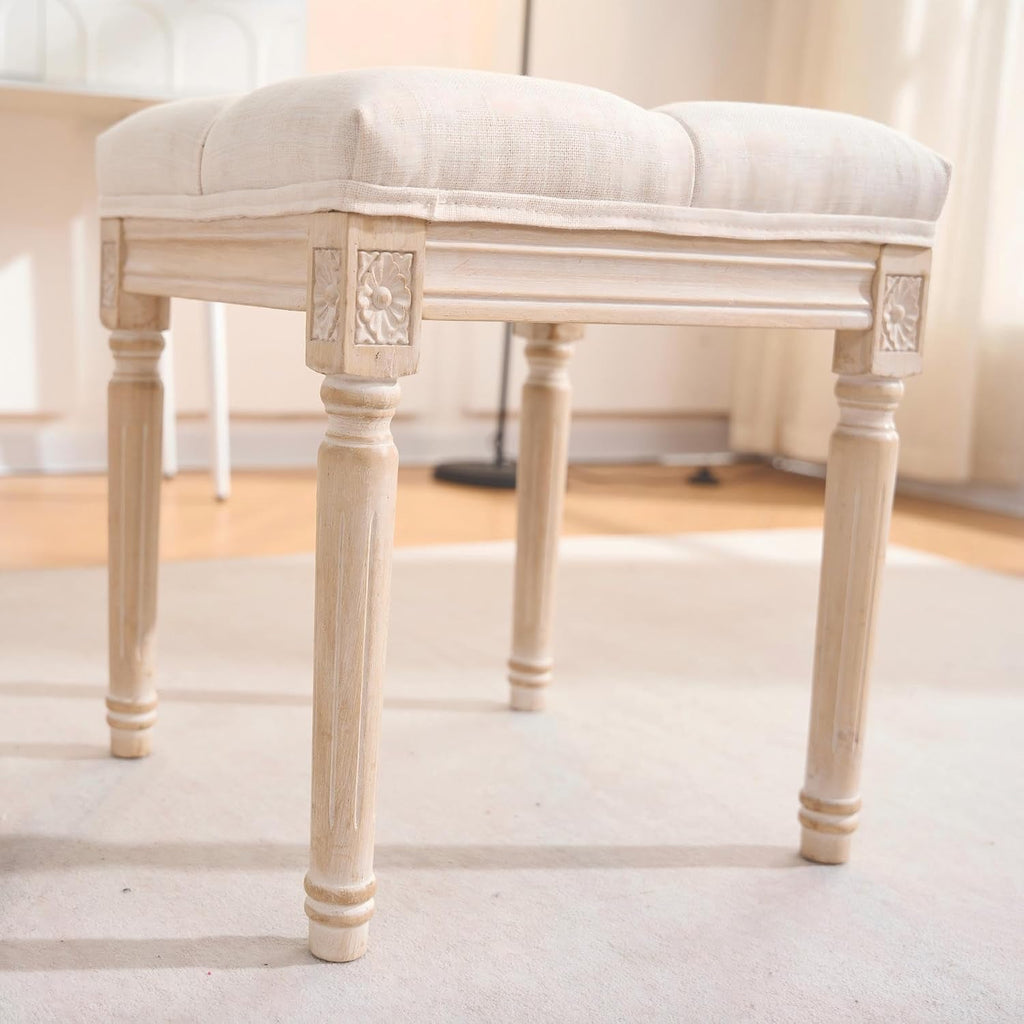 French Style Vanity Stool, Linen Fabric Upholstered Tufted Bathroom Makeup Stool with Brushed Wood Legs, 350lbs Weight Capacity, Foam & Solid Wood Frame, 15.8"x15.8"x17.7" (Beige)