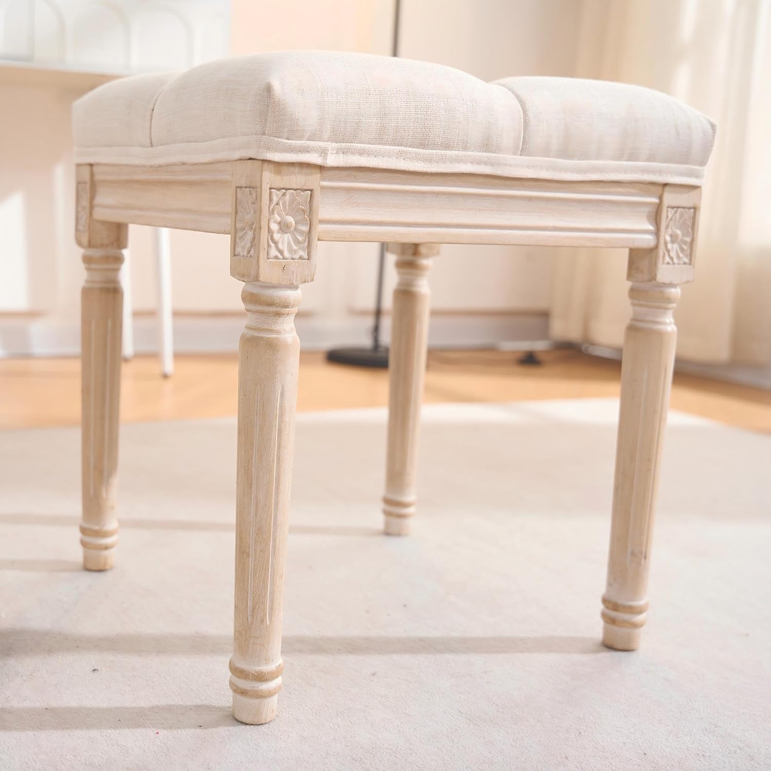 French Style Vanity Stool, Linen Fabric Upholstered Tufted Bathroom Makeup Stool with Brushed Wood Legs, 350lbs Weight Capacity, Foam & Solid Wood Frame, 15.8"x15.8"x17.7" (Beige)