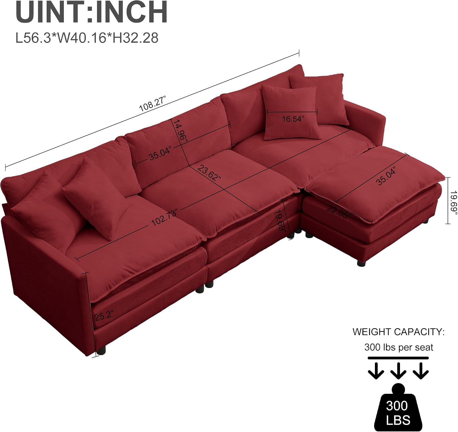 108.27" Modular Sectional Sofa, 4 Seat L Shaped Couch with Chaise | Deep Seat Cloud Couch With Soft Chenille Fabric, Reversible Chaise Modular Design Spacious Comfort for Home, Apartment, Dorm