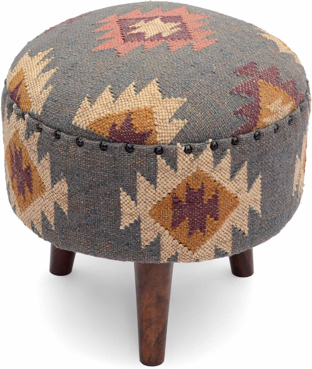 Handmade Kilim Jute Pouf Ottoman Stool | Round Upholstered Seating with Acacia Wood Base | Decorative Foot Rest for Living Room, Bedroom, Hallway, Office & Lounge (Grey)