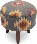 Handmade Kilim Jute Pouf Ottoman Stool | Round Upholstered Seating with Acacia Wood Base | Decorative Foot Rest for Living Room, Bedroom, Hallway, Office & Lounge (Grey)