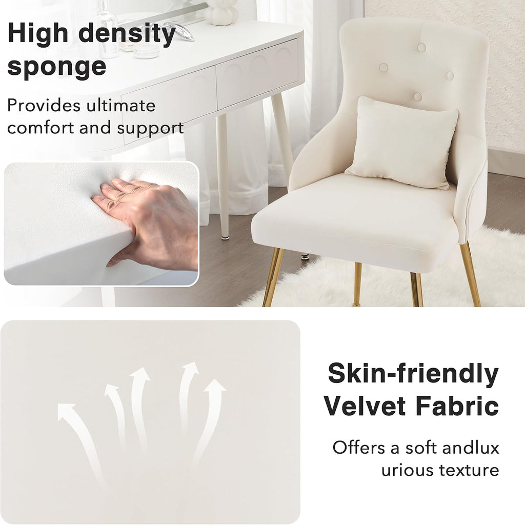 Velvet Dining Chairs Set of 2, Upholstered Velvet Accent Chairs, Kitchen Chair with Metal Legs & Lumbar Pillow for Dining/Living Room/Vanity
