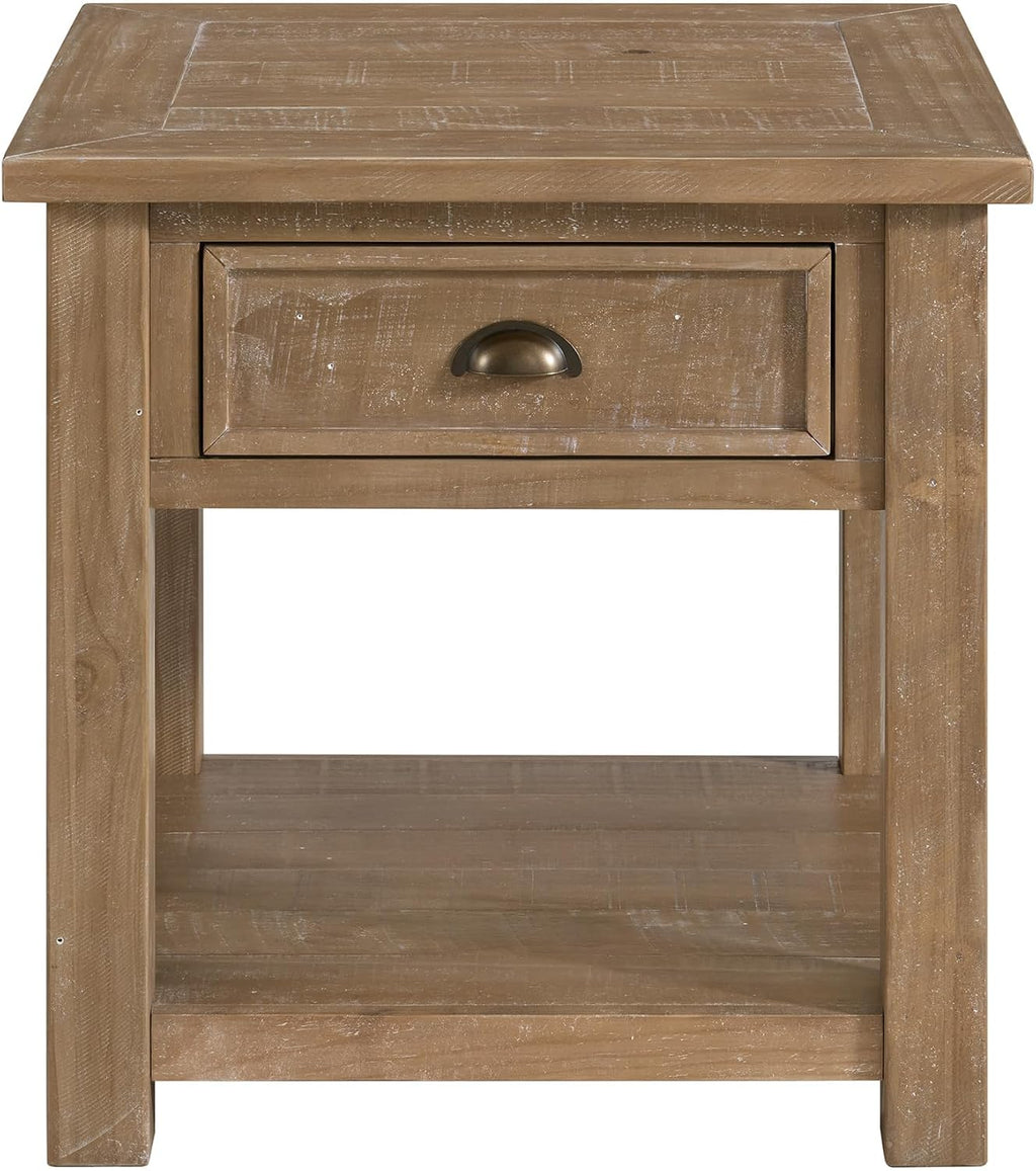 Monterey Farmhouse Rustic End Table, Solid Pine Wood Coastal Side Table with Drawer and Shelf. Driftwood.