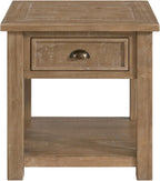 Monterey Farmhouse Rustic End Table, Solid Pine Wood Coastal Side Table with Drawer and Shelf. Driftwood.