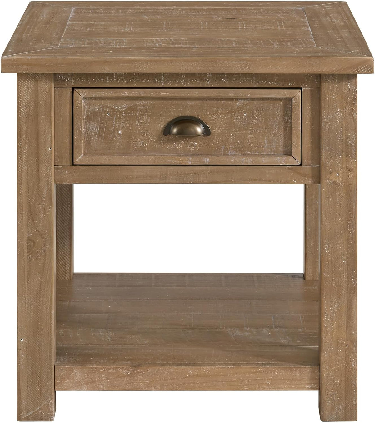 Monterey Farmhouse Rustic End Table, Solid Pine Wood Coastal Side Table with Drawer and Shelf. Driftwood.