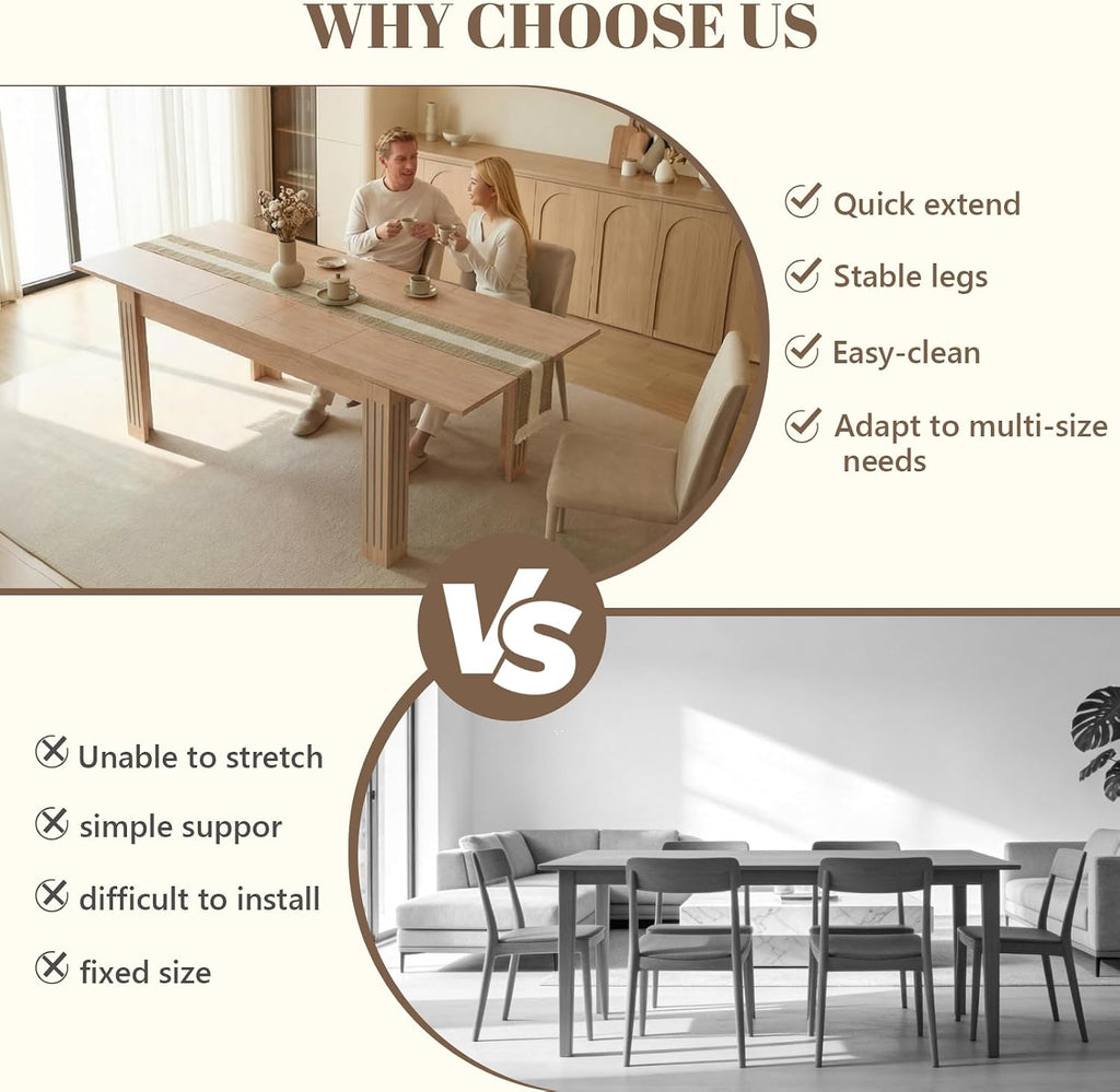 Expandable Dining Table for 4-10 People, 54 to 85 Inch Rectangular Kitchen Table with Self-Storing Leaf, Modern Engineered Wood Dining Table