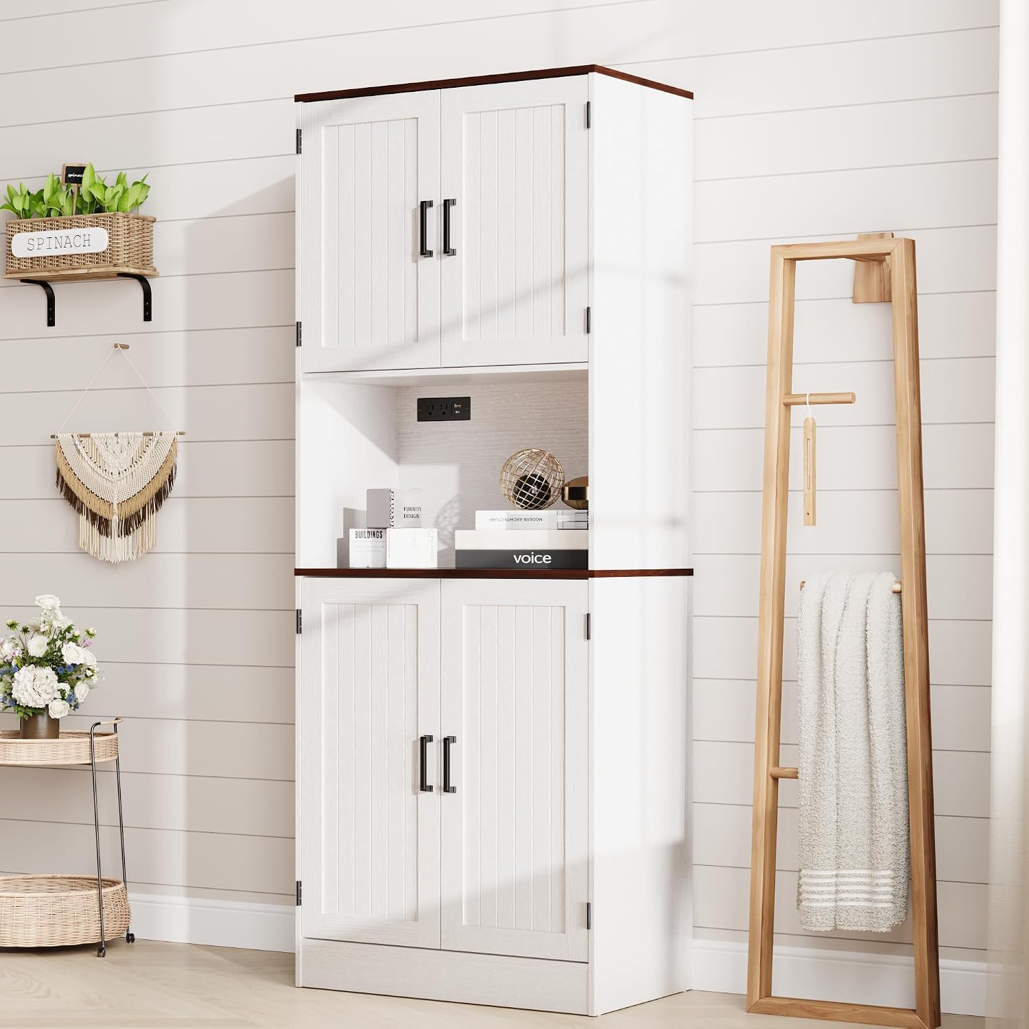 MHOM 71" Tall Pantry Cabinet with Charging Station, Farmhouse Kitchen Hutch with Adjustable Shelves, Modern Kitchen Pantry Storage Cabinet for Dinning Room & Living Room, Antique White