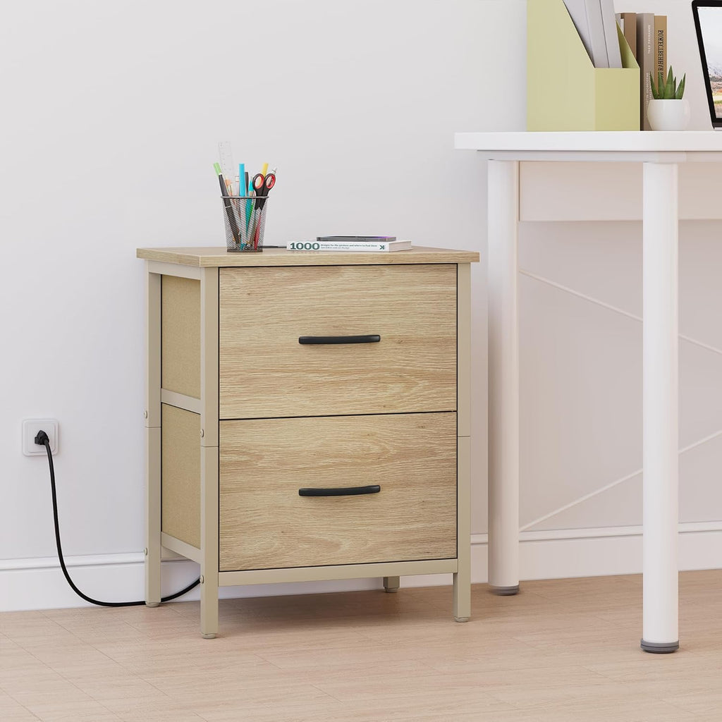 Vagusicc Nightstand Set of 2 with Charging Station, End Table Bedside Table with Power Outlet & USB Ports, Side Table with 2 Fabric Drawers for Bedroom, Living Room, Natural