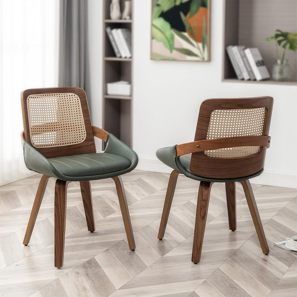 Set of 2 Kitchen & Dining Room Chairs - Green Dining Chairs with Walnut Bentwood Frame, Ergonomic Rattan Back, Curved Arms, Rattan Dining Chairs for Living Room/Reception/Kitchen/Desk (Walnut Green)