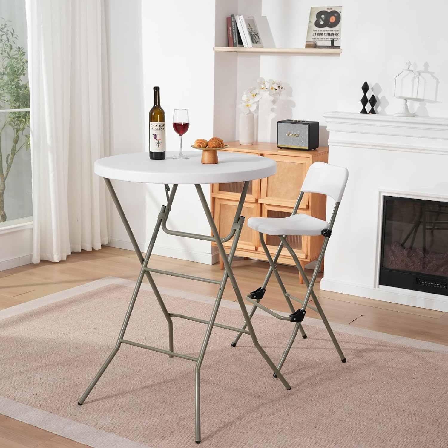 32" Round Folding Table, Portable Bar Height Folding Table with Detachable Legs, Round Foldable Table with HDPE Top for Standing Parties, Balcony, Event, Indoor Outdoor Use (White, 2 Pack)