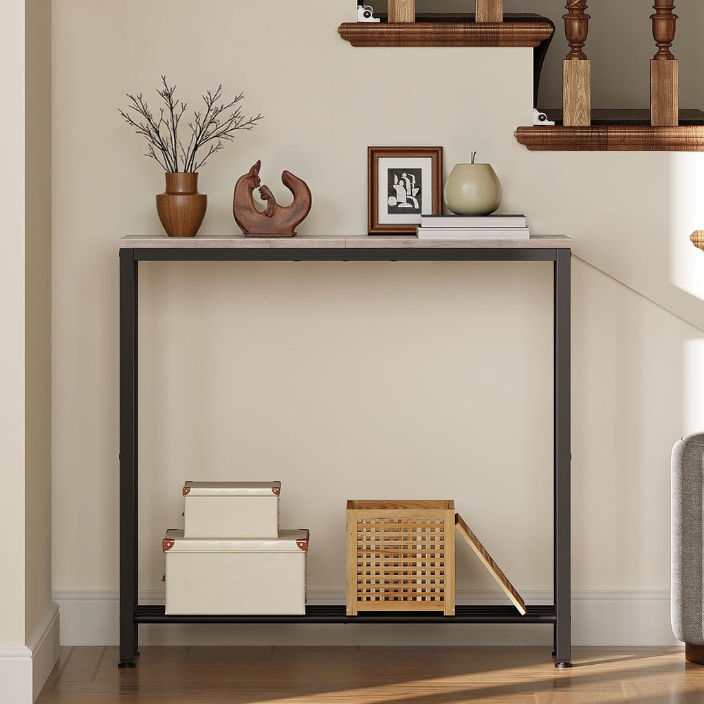 YATINEY Narrow Console Table, 2-Tier Small Sofa Table, 29.5" Thin Entryway Behind Couch Table with Shelves, Industrial Hallway Table, for Living Room, Foyer, Greige and Black CT03BG