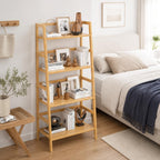 Bamboo Ladder Shelf, 4-Tier Wooden Ladder Bookshelf & Bookcase Organizer