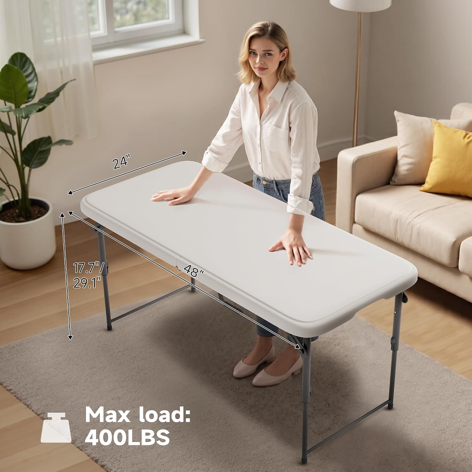 Folding Table 4 Foot - 2-Position Adjustable Height, Heavy Duty 400 lbs Capacity - Portable Tables Folding for Camping, Party, Indoor & Outdoor Use, 1 Pack