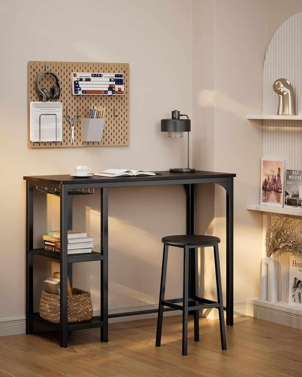 Qsun Small Bar Table Set for 2 | Kitchen Table for 2 with 2 Storage Shelves & Wine Glass Holder, Dining Table for Small Apartment, Dining Room
