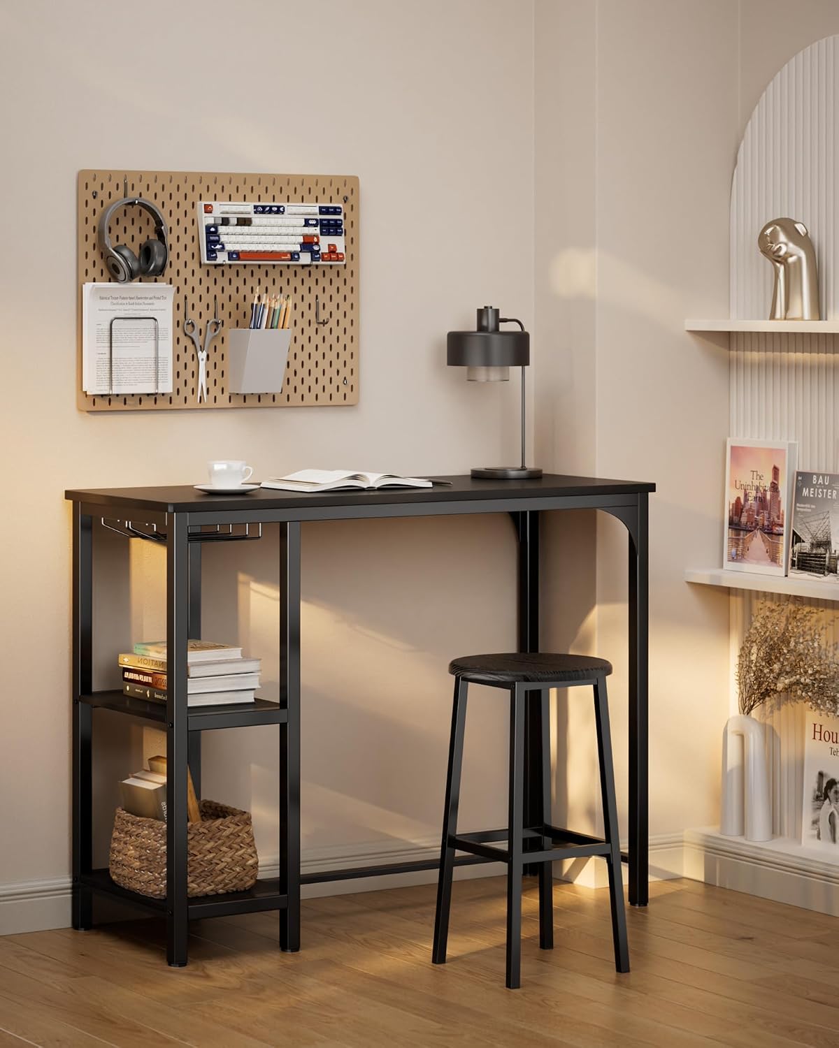 Qsun Small Bar Table Set for 2 | Kitchen Table for 2 with 2 Storage Shelves & Wine Glass Holder, Dining Table for Small Apartment, Dining Room