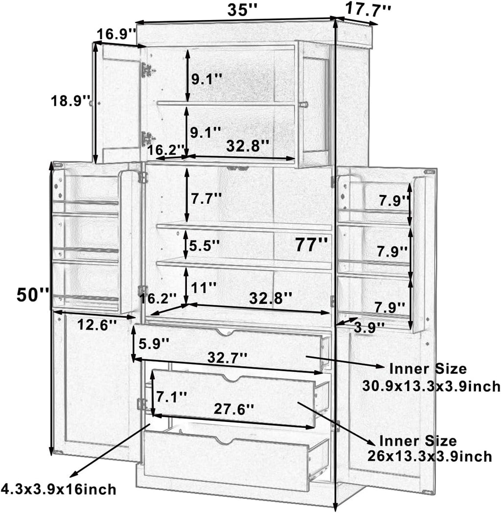 77 Inch Kitchen Pantry Cabinet with Wine Racks, White | White MDF, kitchen or dining room, adjustable shelves, wine racks, power outlet, door shelves, 35 in W, 77 in H
