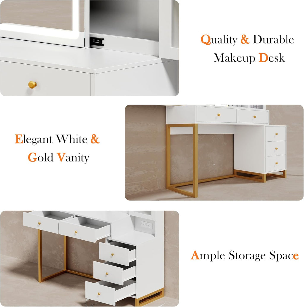 Extra Large Modern Makeup Vanity Table Set with Sliding Lighted Mirror, Charging Station, Cushioned Stool, 5 Hidden Storage Drawers & Matching Nightstand for Women(White - Sliding Mirror)