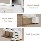 Extra Large Modern Makeup Vanity Table Set with Sliding Lighted Mirror, Charging Station, Cushioned Stool, 5 Hidden Storage Drawers & Matching Nightstand for Women(White - Sliding Mirror)
