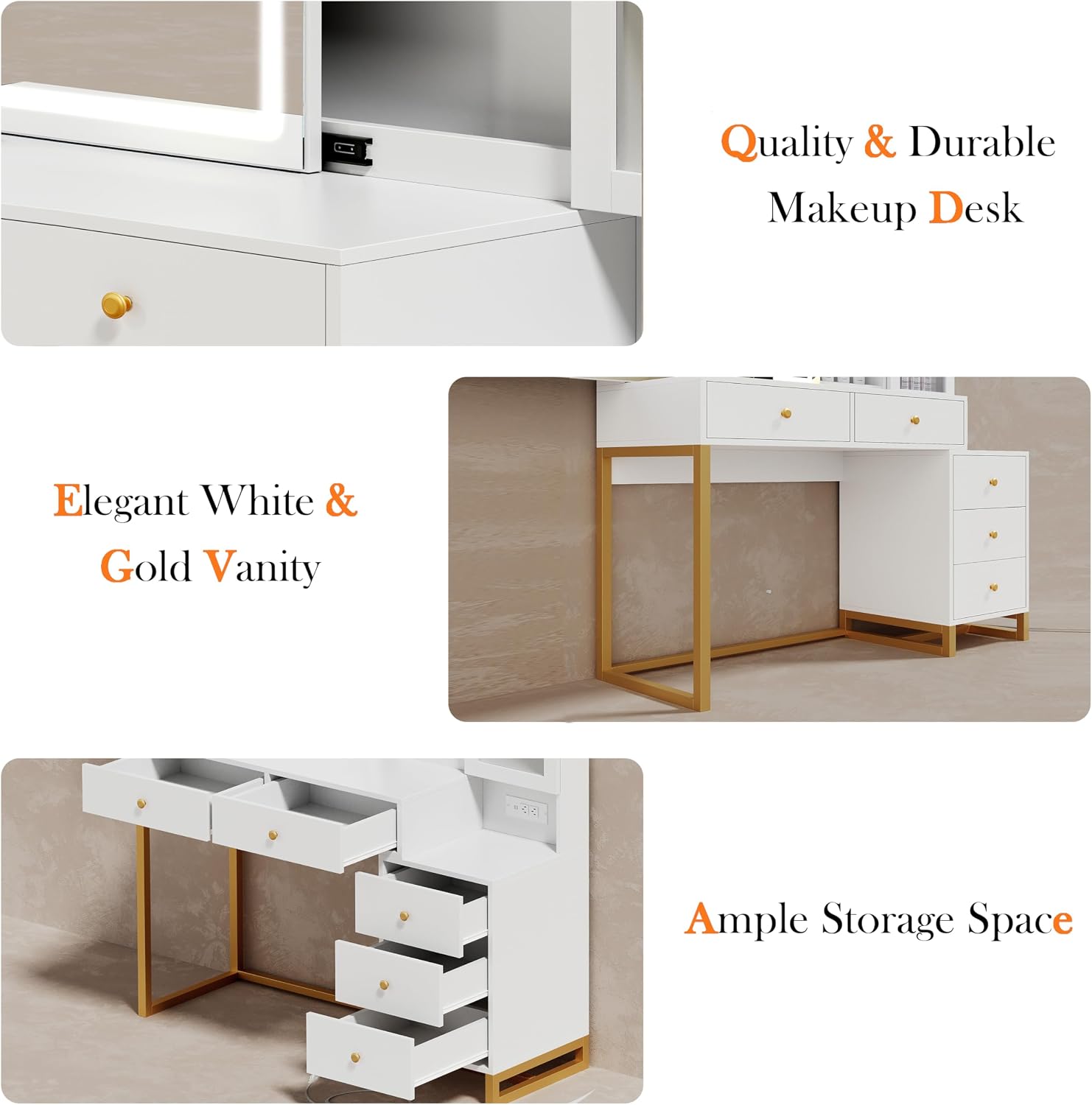 Extra Large Modern Makeup Vanity Table Set with Sliding Lighted Mirror, Charging Station, Cushioned Stool, 5 Hidden Storage Drawers & Matching Nightstand for Women(White - Sliding Mirror)