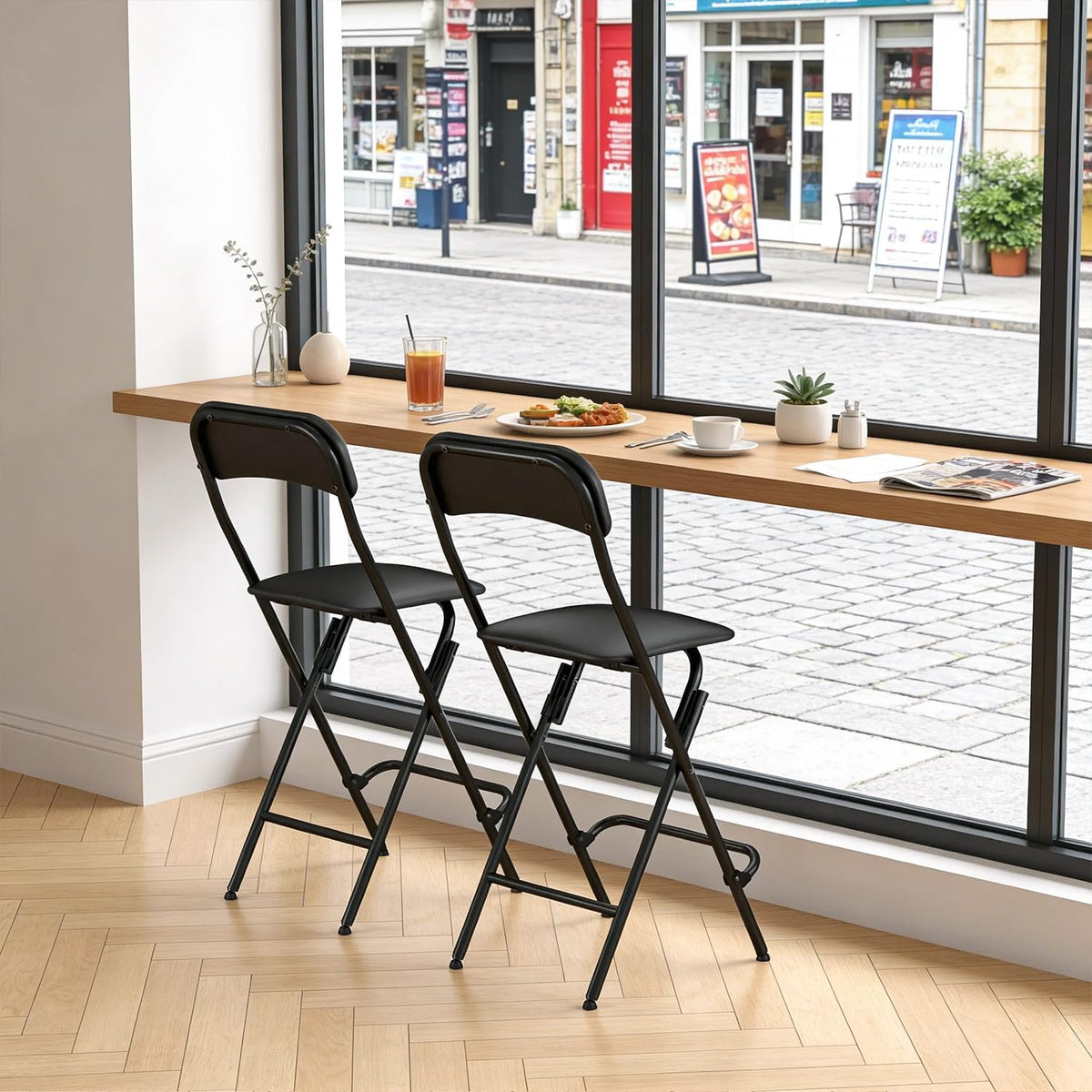 VENI HOME Folding Bar Stool with Backrest,25 Inch Leather Padded Counter Height Foldable Stool,Tall Folding Stool Chair for Gardening Kitchen Shop Cafe, Black (2 Pack)