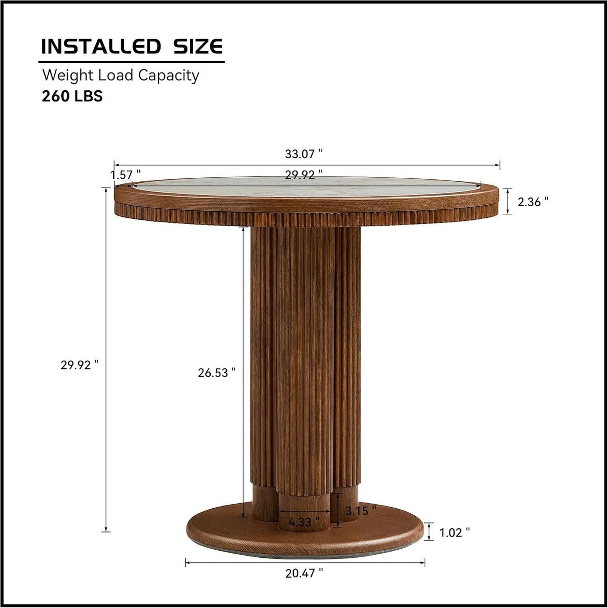 33.07 inch Mid-Century Round Dining Table for 2-4 People, 9mm Sintered Stone Recessed Tabletop, Solid Wood Reinforced MDF Frame, Compact Circular Bistro Table for Kitchen Dining Room