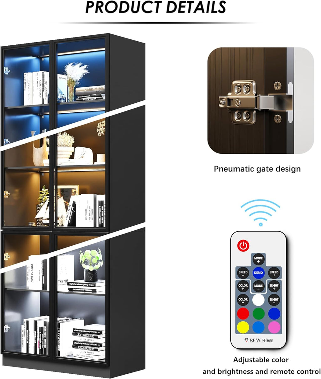 Wildhome 79'' Tall Glass Display Cabinet with LED Lights,Showcase with Glass Doors,5-Tier Curio Cabinet for Collectibles Bookcase,Storage Shelf, Bookcase (Black- 5 Layers, Large)