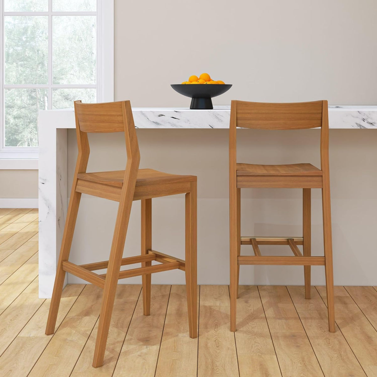 Plank+Beam Modern Bar Height Chairs, 44 Inch, Set of 2 Solid Wood Dining Chairs for Home Bar, Kitchen, Contemporary Seating for Dining Room, Pecan