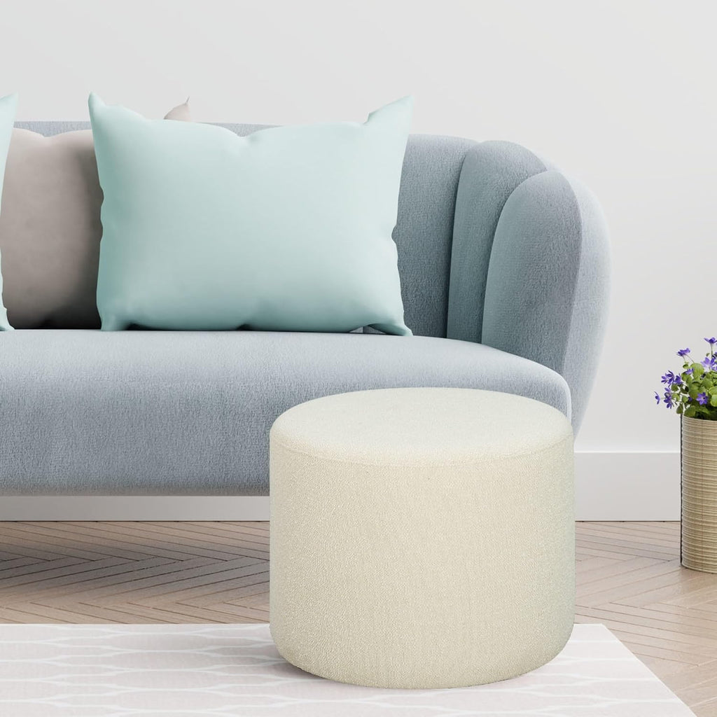 Studio Living Wentworth 19" Round Ottoman, Urban Transitional, Fully Assembled, Soft Boucle Fabric, Snow