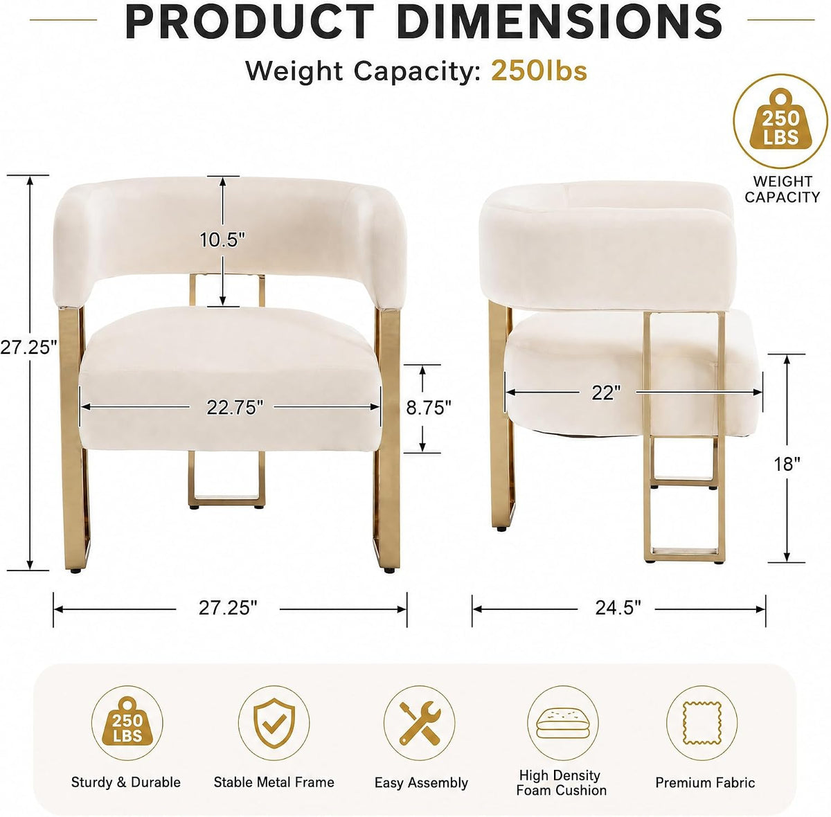 Barrel Accent Chair, Living Room Side Chair with Golden Metal Legs, Soft Velvet Upholstered Reading Armchair for Bedroom, Modern Club Chair for Reception Room/Lounge/Office, Ivory