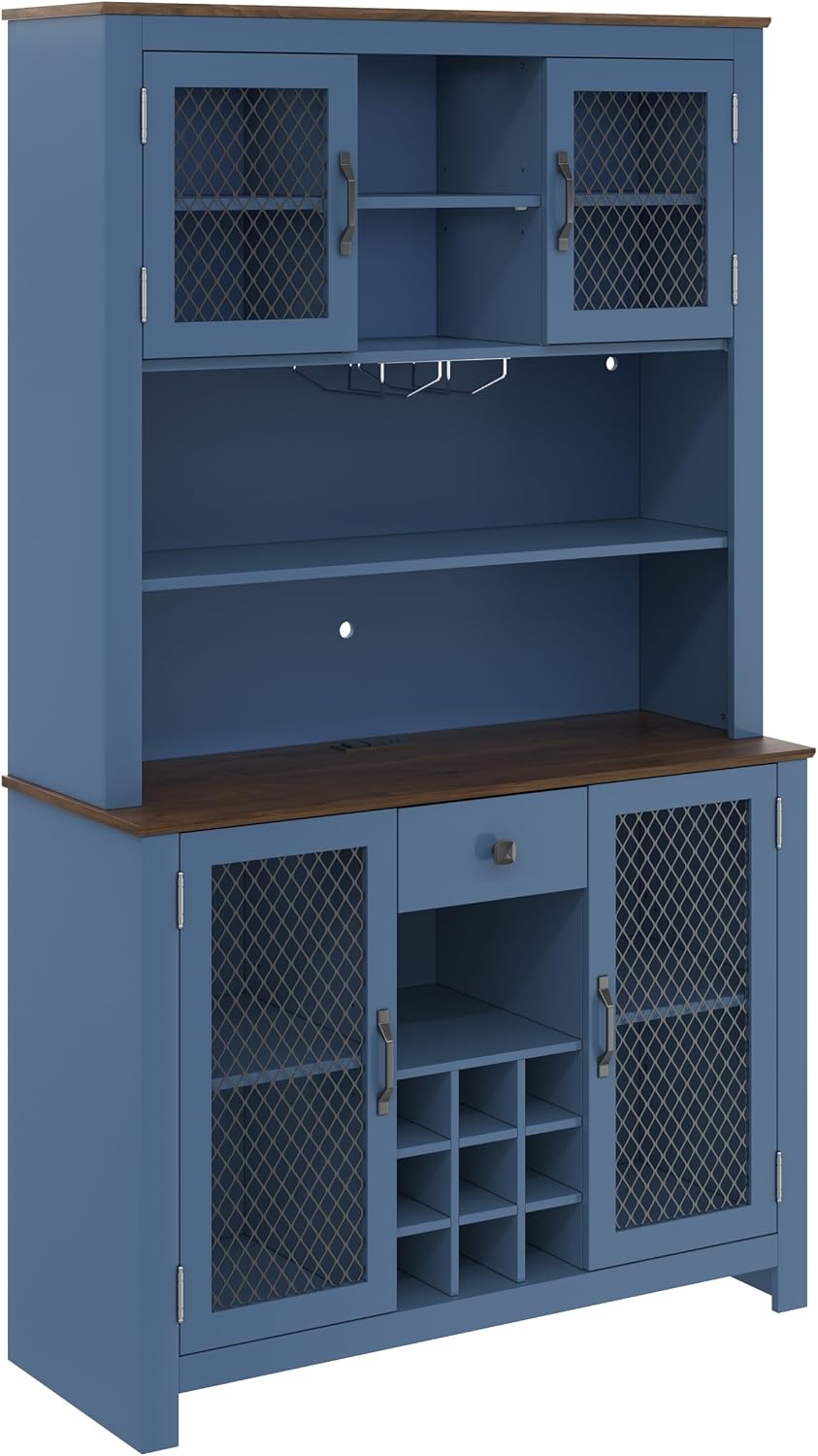 70.9” Farmhouse Kitchen Pantry Cabinet with LED Light & Power Outlets, Rustic Buffet Hutch with Wine Rack Glass Holder Drawer and Adjustable Shelves for Dining Room Coffee Bar Blue