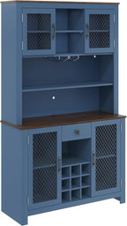 70.9” Farmhouse Kitchen Pantry Cabinet with LED Light & Power Outlets, Rustic Buffet Hutch with Wine Rack Glass Holder Drawer and Adjustable Shelves for Dining Room Coffee Bar Blue