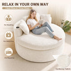 Oversized Round Chair Lounge Chaise Indoor, 58'' Modern Upholstered Corduroy Deep Seat Cloud Sofa Bed, No Assembly Required Floor Chair with 3 Pillows for Living Room, Bedroom, Reading, Beige