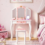 JOYMOR Kids Princess Vanity Table and Chair Set, Kids Vanity Set with Mirror, Makeup Dressing Table with Two 180° Folding Mirror for Girls Age 4-9