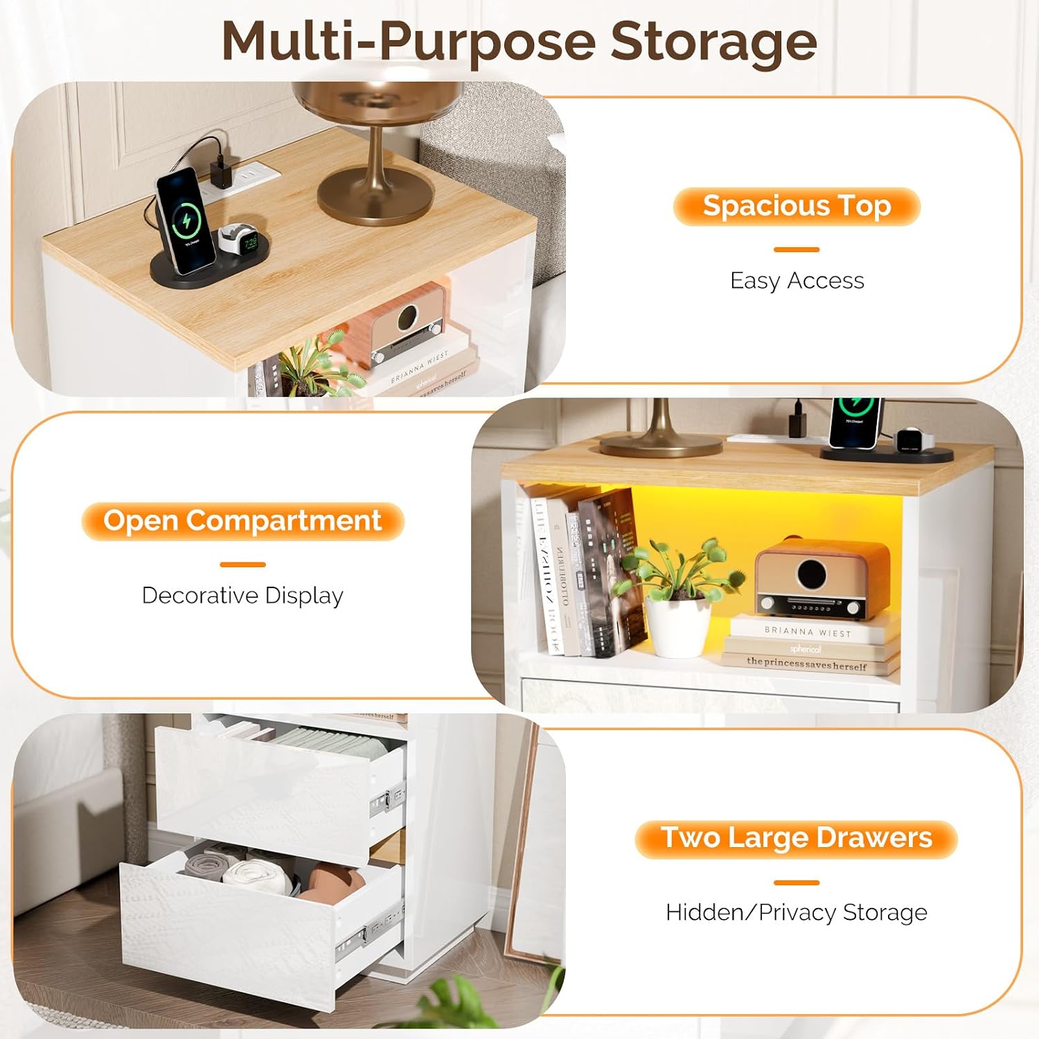 VINGLI White Nightstand with Charging Station, High Gloss Led Night Stand with Drawers, End Table, Bedside Table, Smart Nightstand Modern, Small Night Stand for Bedroom, 15.63" W*11.61" D*23.62" H