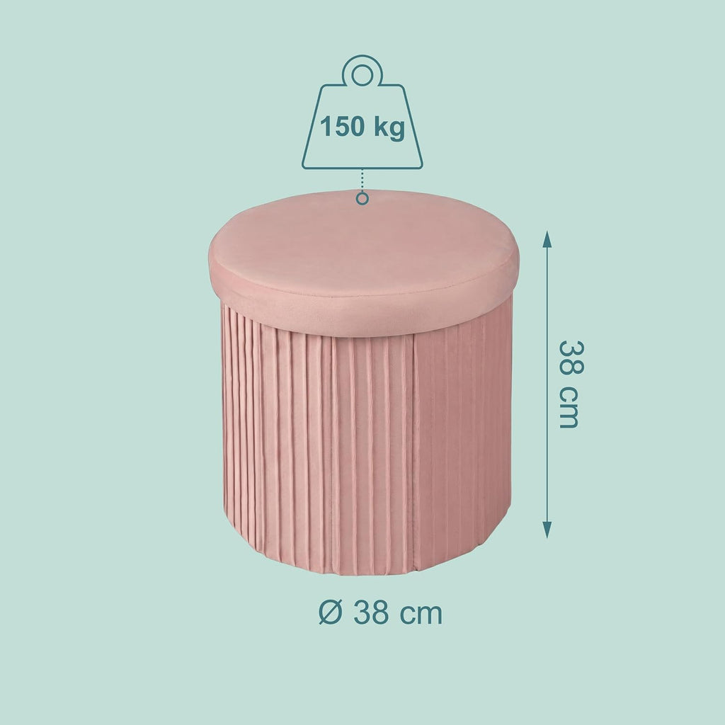 Relaxdays Velvet Stool with Storage Space Padded Foldable H 38 x D 38 cm Round Side Stool Pink
