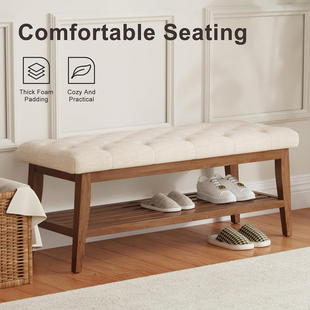 LEILISI Entryway Bench with Storage, Linen Upholstered Bench(Beige, 39.4'')
