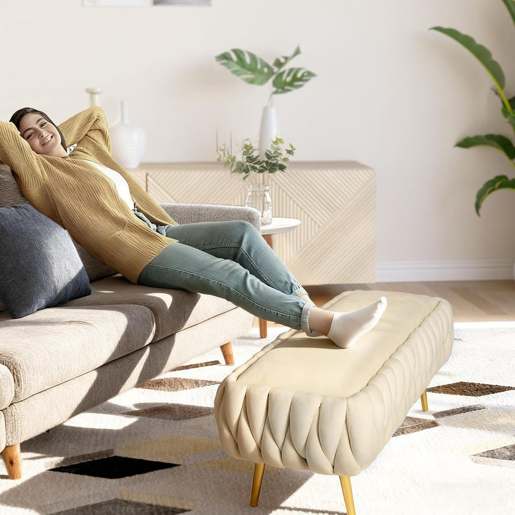 End of Bed Bedroom Storage Bench Upholstered, Hand-Woven Storage Ottoman Bench for Bedroom with Hinged Lid Golden Legs, for Living Room, Entryway Beige