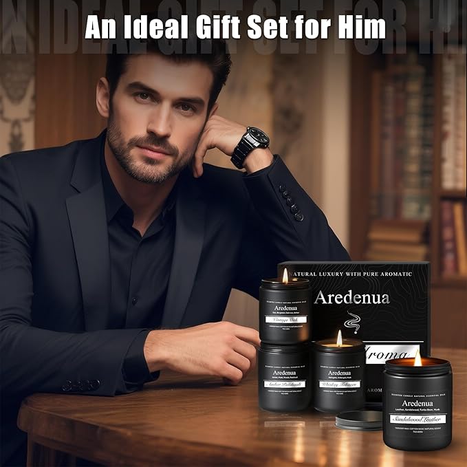 Mens Candle Set – Manly Candles for Men, 4 Pack Soy Candles for Home Scented, Masculine Candle Gift Set - Includes Sandalwood Leather, Whiskey Tobacco, Amber Patchouli & Vintage Oak
