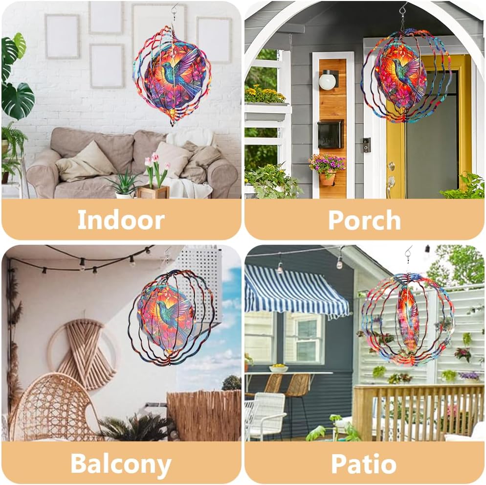 Hummingbird Wind Spinner, 3D Hanging Stainless Steel Garden Spinner, Wind Spinner Hanging for Outdoor & Indoor Décor, Unique Gifts for Yard Garden Decoration or Patio Décor (Hummingbird)