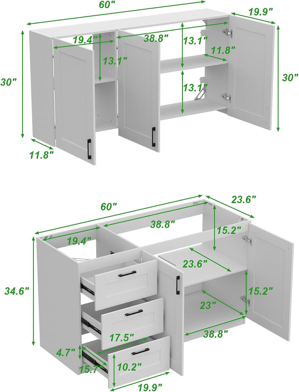Homsee 60" W Modular Kitchen Pantry with Wall Cabinet, DIY Kitchen Cabinet Set Without Countertop, Modular Storage Cupboard with Drawers & Shelf, Large Storage Set for Dining Room, White
