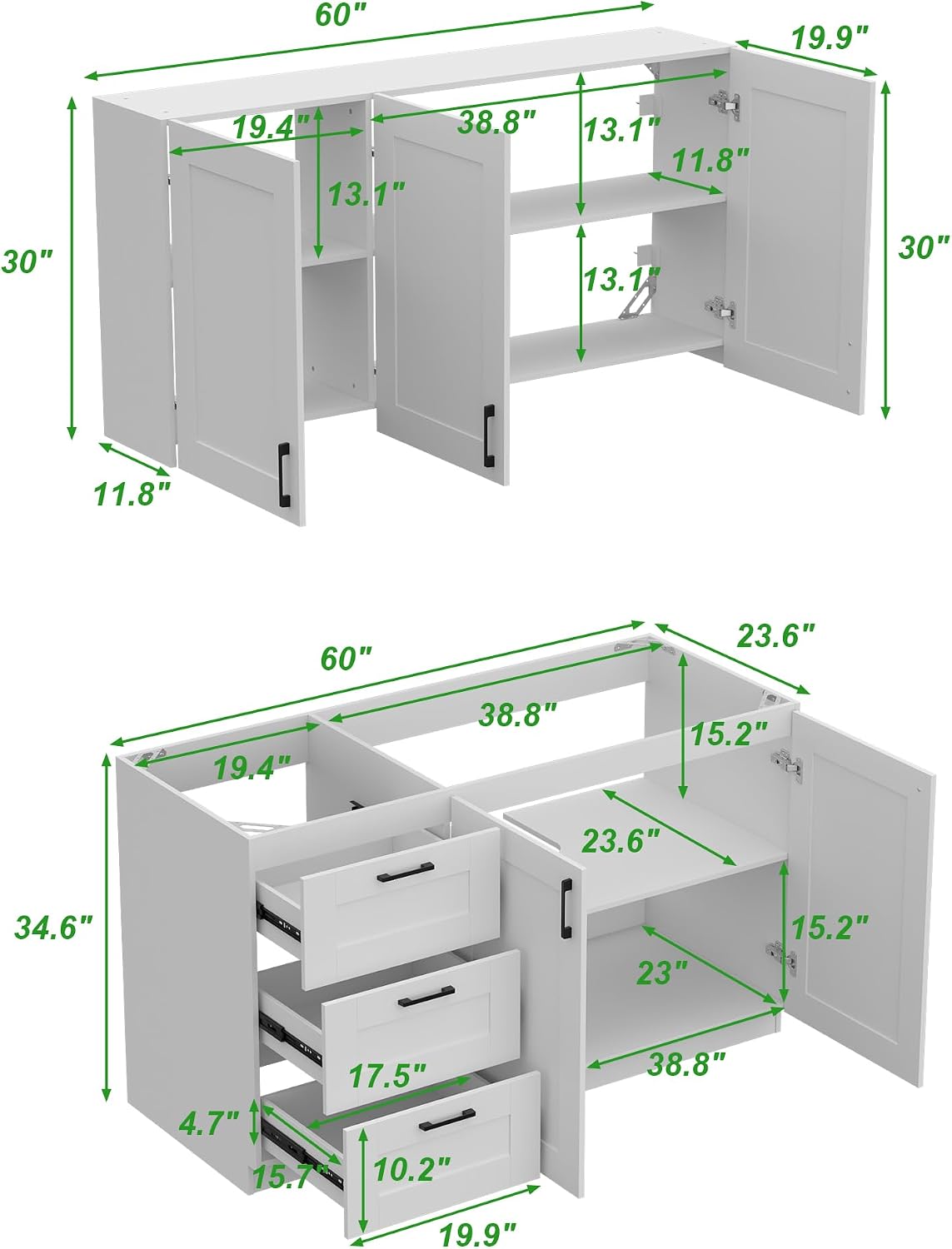 Homsee 60" W Modular Kitchen Pantry with Wall Cabinet, DIY Kitchen Cabinet Set Without Countertop, Modular Storage Cupboard with Drawers & Shelf, Large Storage Set for Dining Room, White