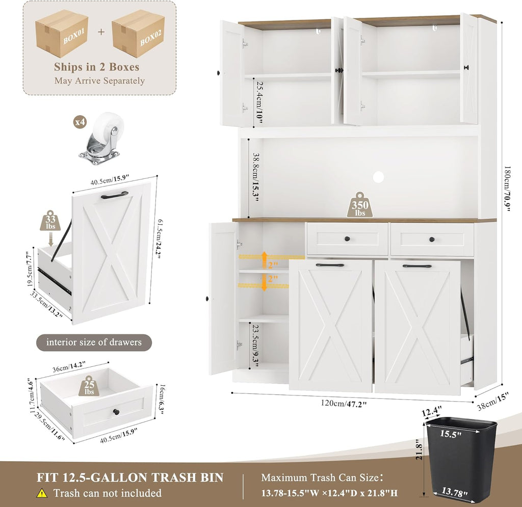 HOSTACK 71" Kitchen Pantry with 12.5 Gallon Double Trash Can Cabinet, White | Farmhouse Garbage Can Cabinet with Pull Out Trash Can Storage, 47"W Kitchen Hutch with Hidden Garbage Storage for Dining Room