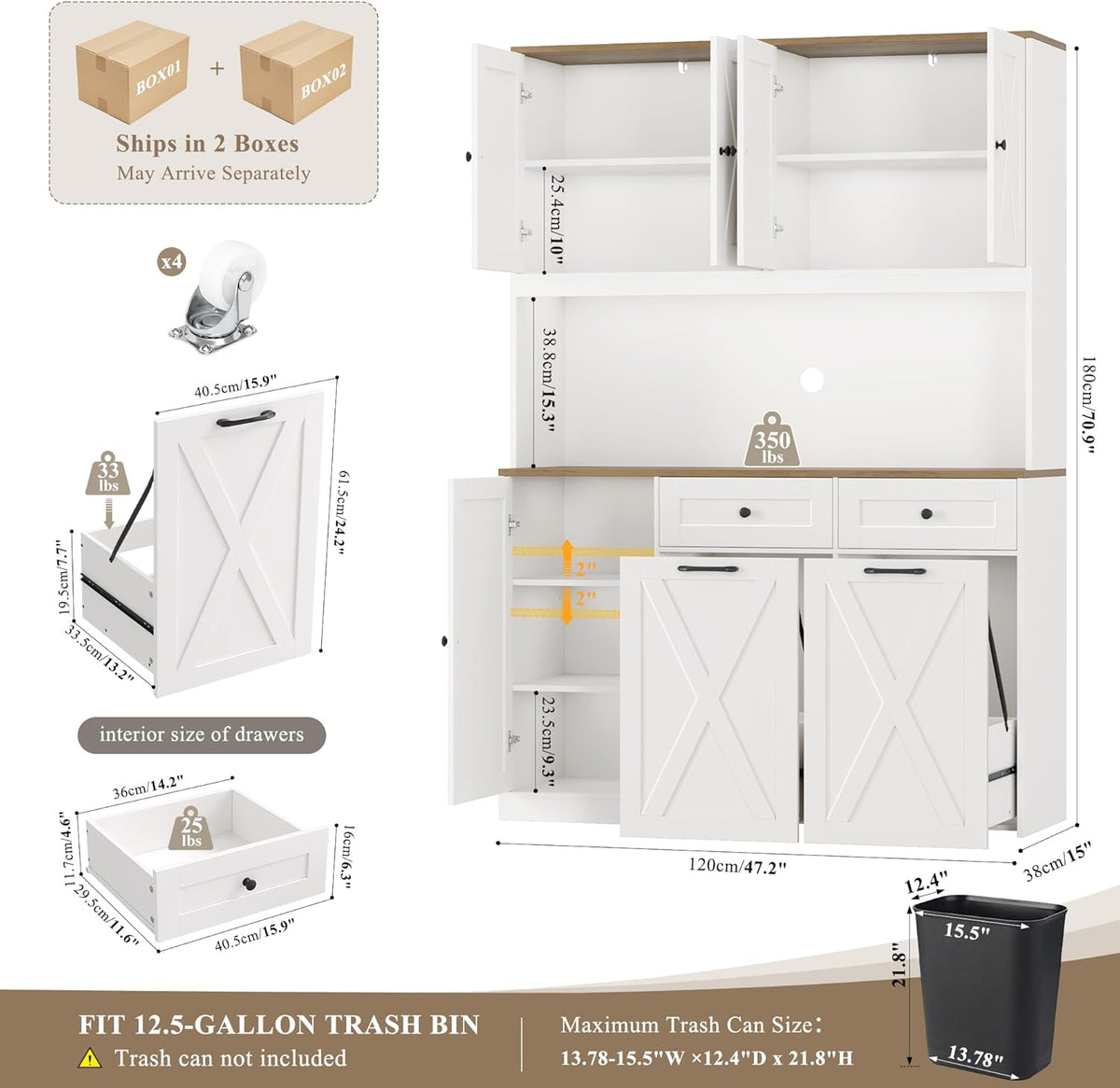 HOSTACK 71" Kitchen Pantry with 12.5 Gallon Double Trash Can Cabinet, White | Farmhouse Garbage Can Cabinet with Pull Out Trash Can Storage, 47"W Kitchen Hutch with Hidden Garbage Storage for Dining Room
